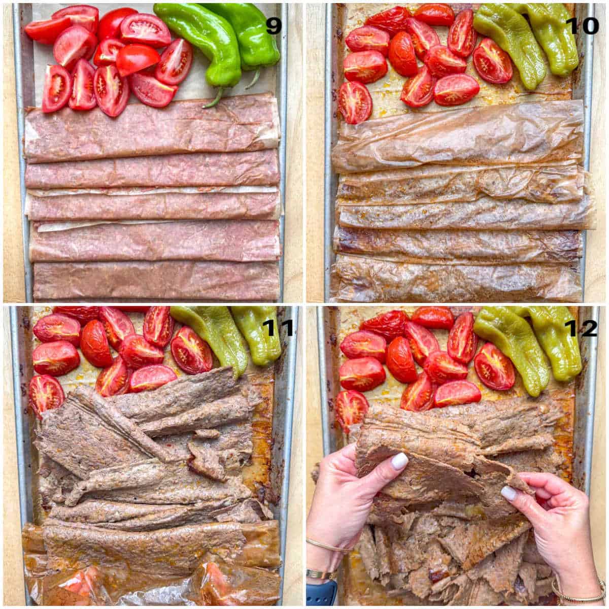 process shot of baked diner on pan and unrolling it from parchment paper.