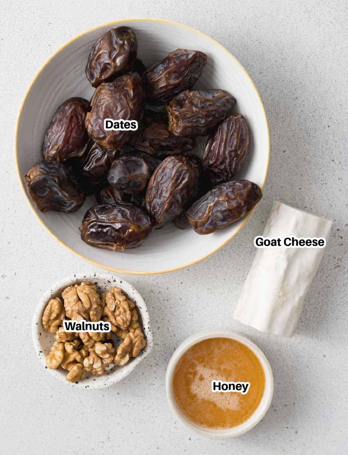Ingredients to make goat cheese-stuffed dates.