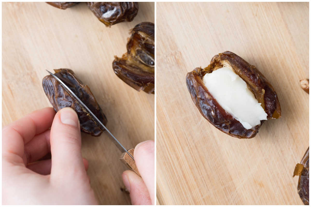 process shot to slice dates open and adding goat cheese.