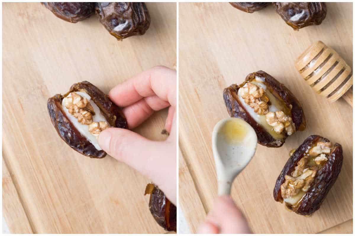 process shot of adding walnuts in the cheese and drizzling with honey.