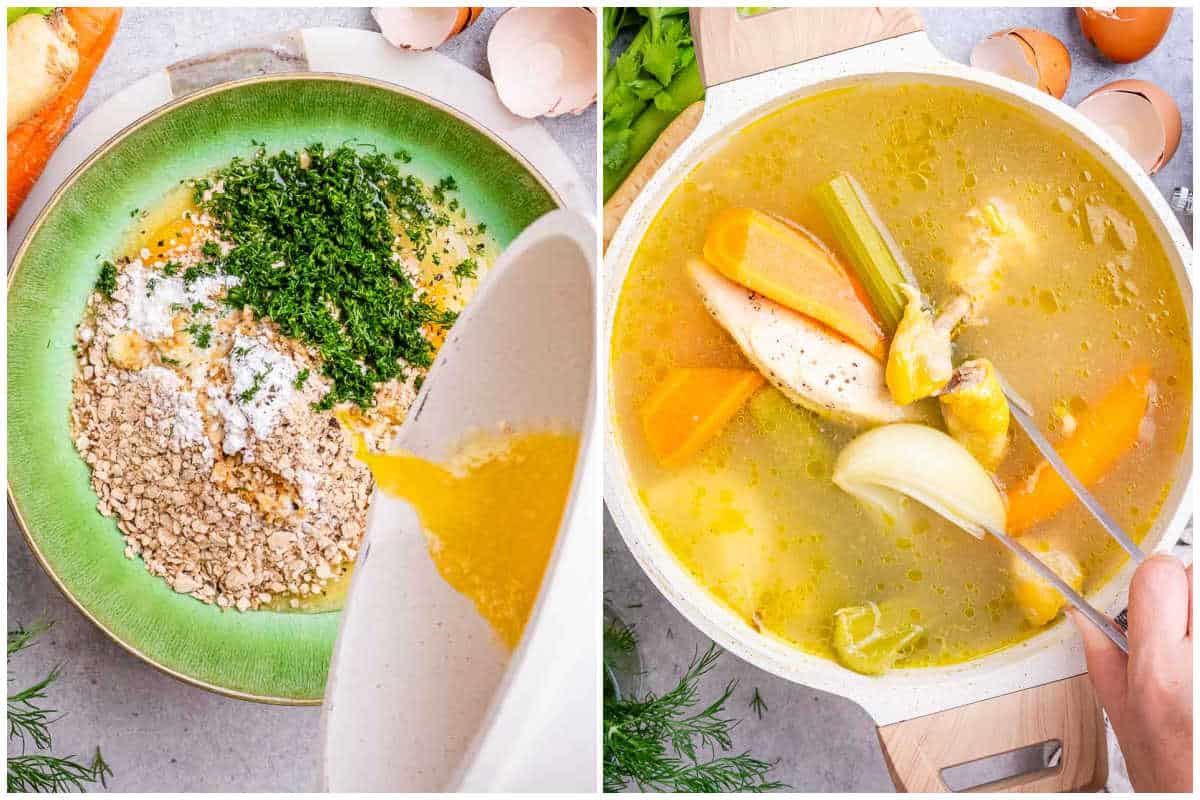 process shot to make the matzo ball and cooking the chicken in with the veggies in a broth in pot. 