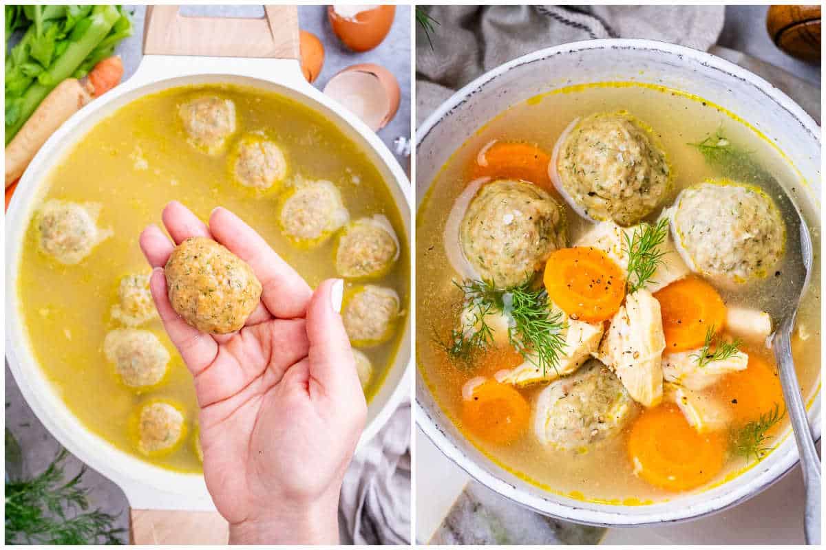 adding the matzo ball in the soup, cooking, and serving in a bowl.