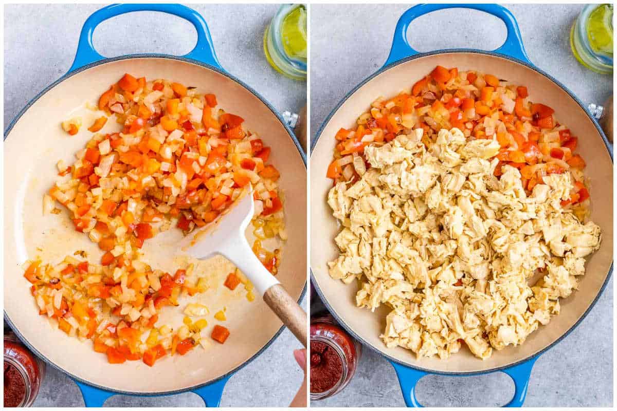 process shot to saute the veggies in a pan, and then add shredded chicken.