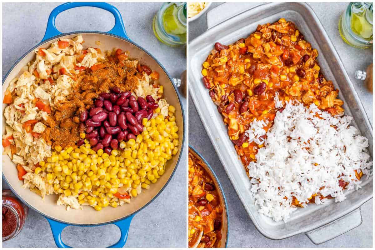 process shot to add the beans and corn in the sauteed veggies and then placing everything in a dish with rice.