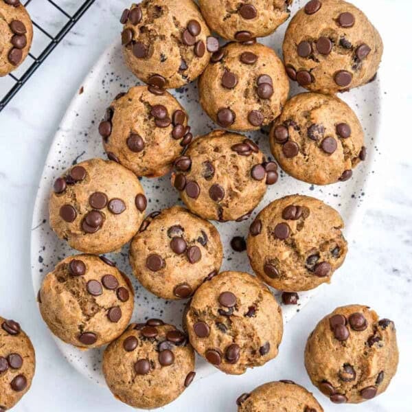mini chocolate chip muffins in a plate.