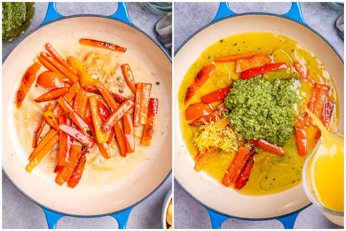 process shot to cook the bell peppers, and add pesto and broth to the pan.
