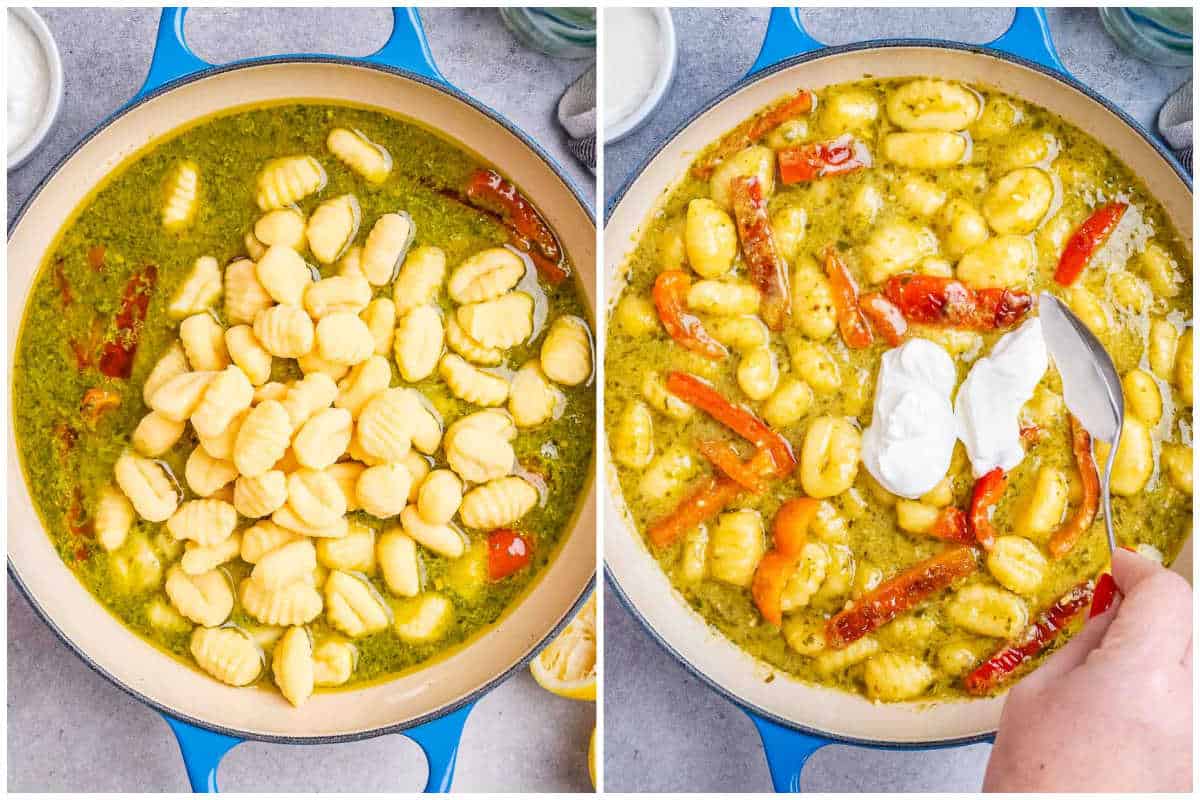 process shot of adding the gnocchi and the yogurt in the pesto sauce to cook with the gnocchi.