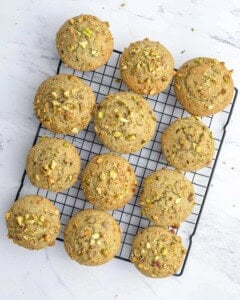 muffins cooling on a rack.