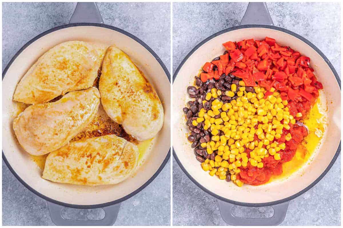 process shot for cooking the chicken and adding the veggies to pan to sautee.