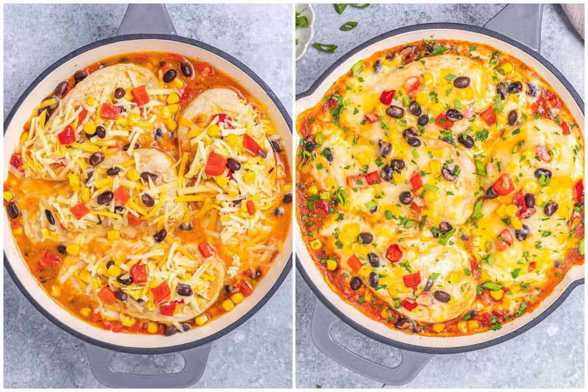 process shot to add the chicken with the santa fe veggies in pan with chicken.