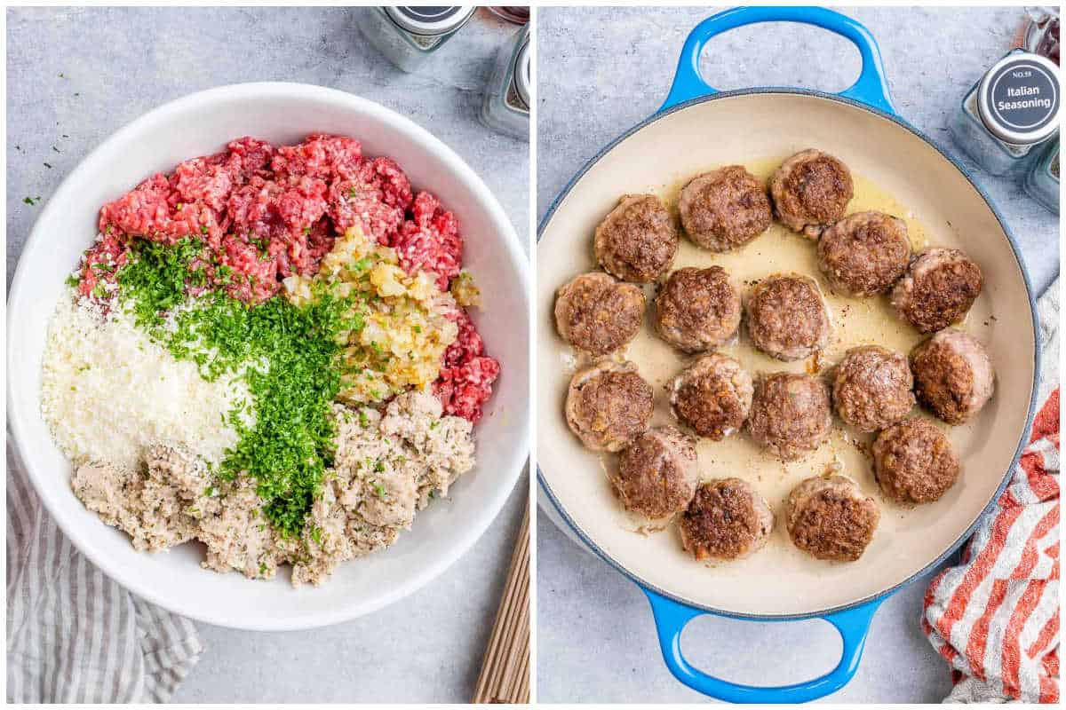 process shot to make the meatballs and cooking them. 