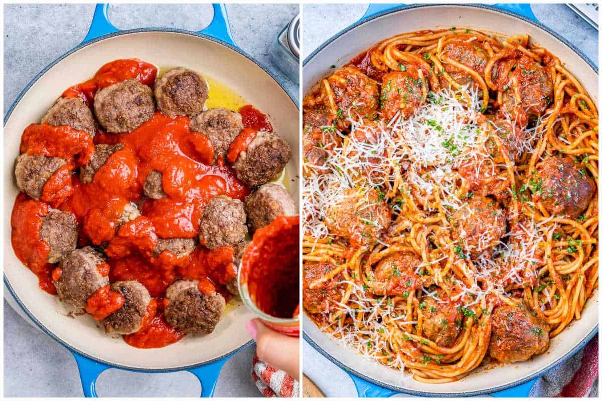 process shot of adding the marinara sauce over the meatballs and cooking with the spaghetti.