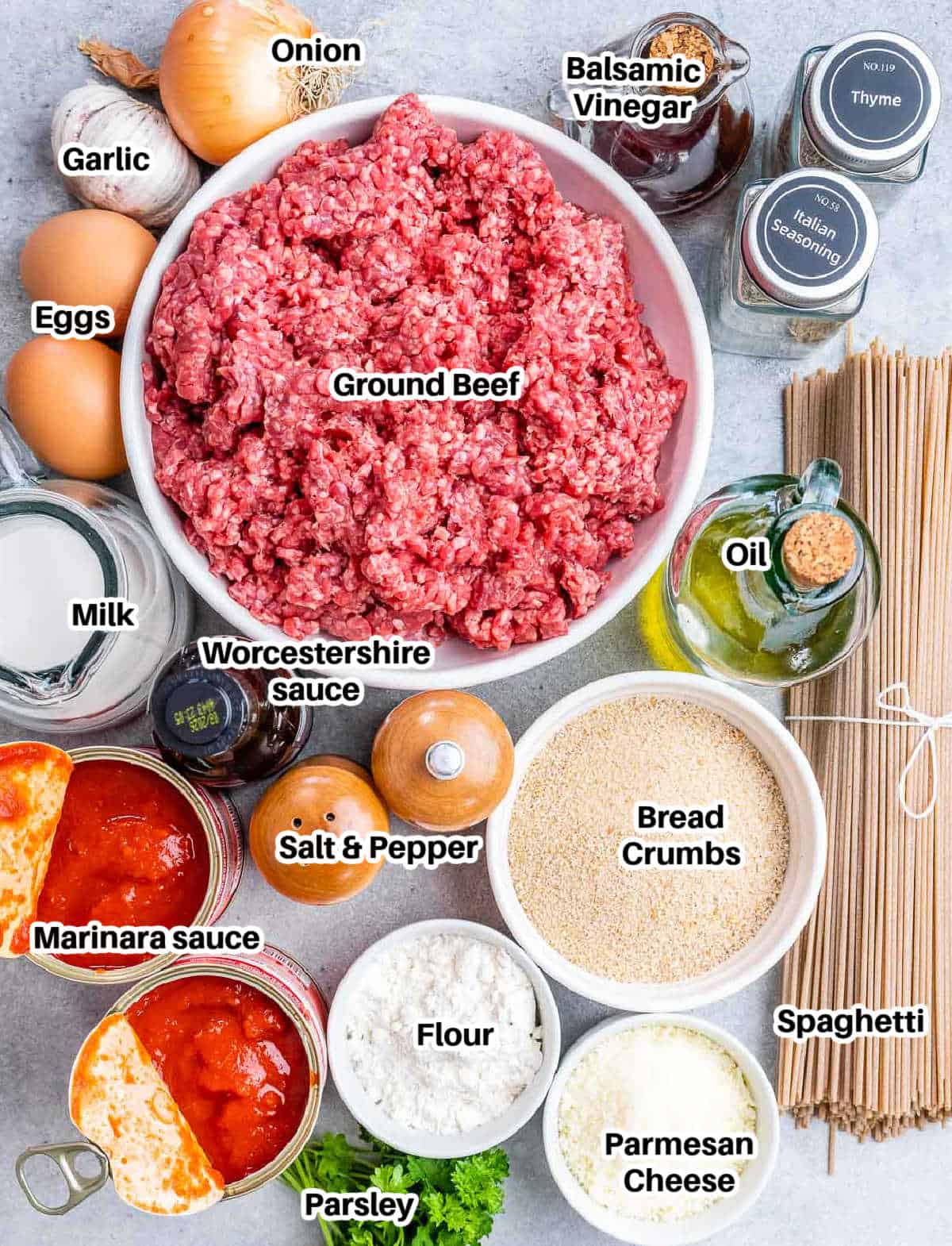 ingredients to make meatball and spaghetti.