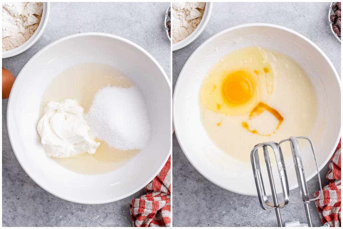 process shot to whisk the eggs with sugar and oil.