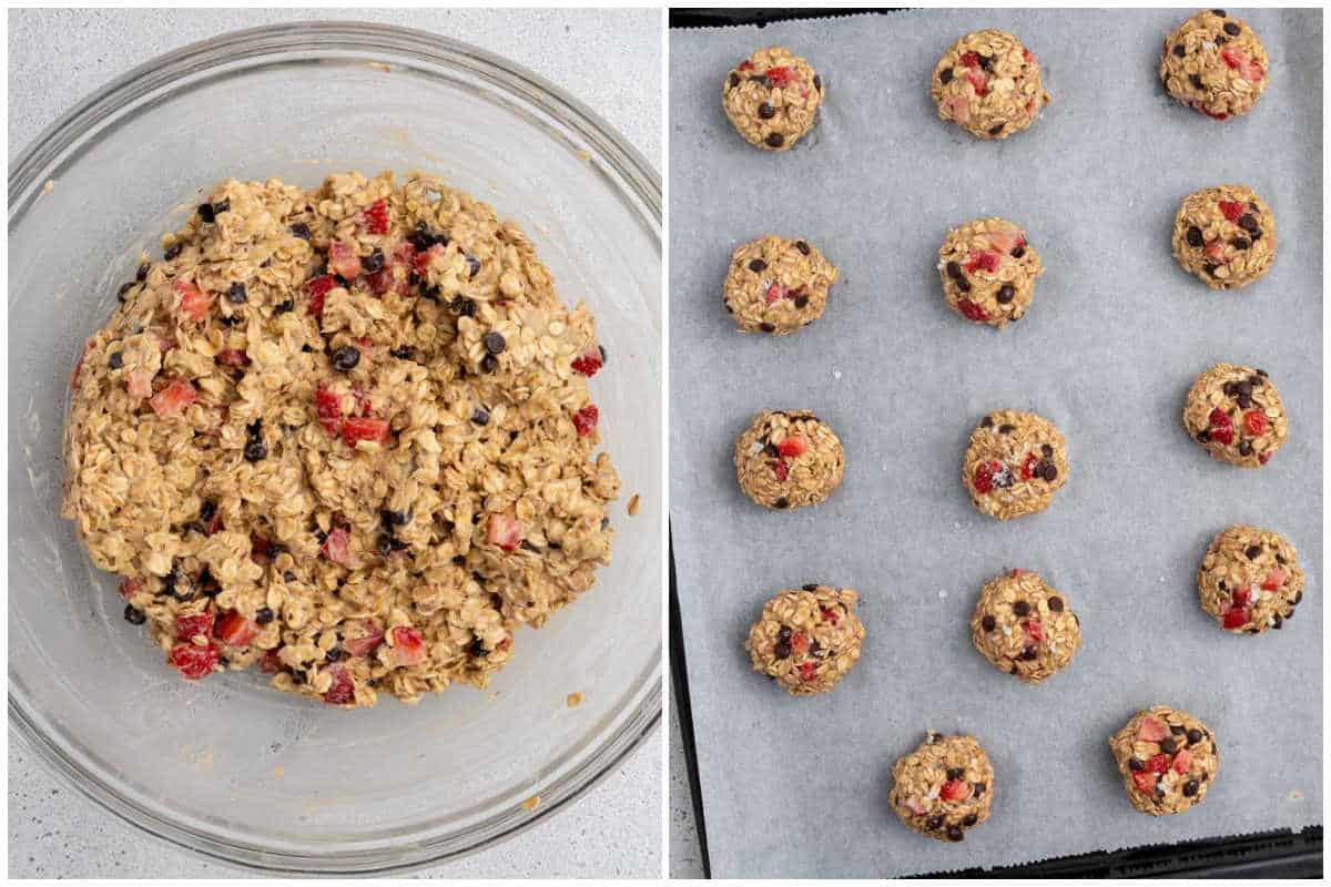 process shot to make the cookie batter and adding them to the sheet pan.