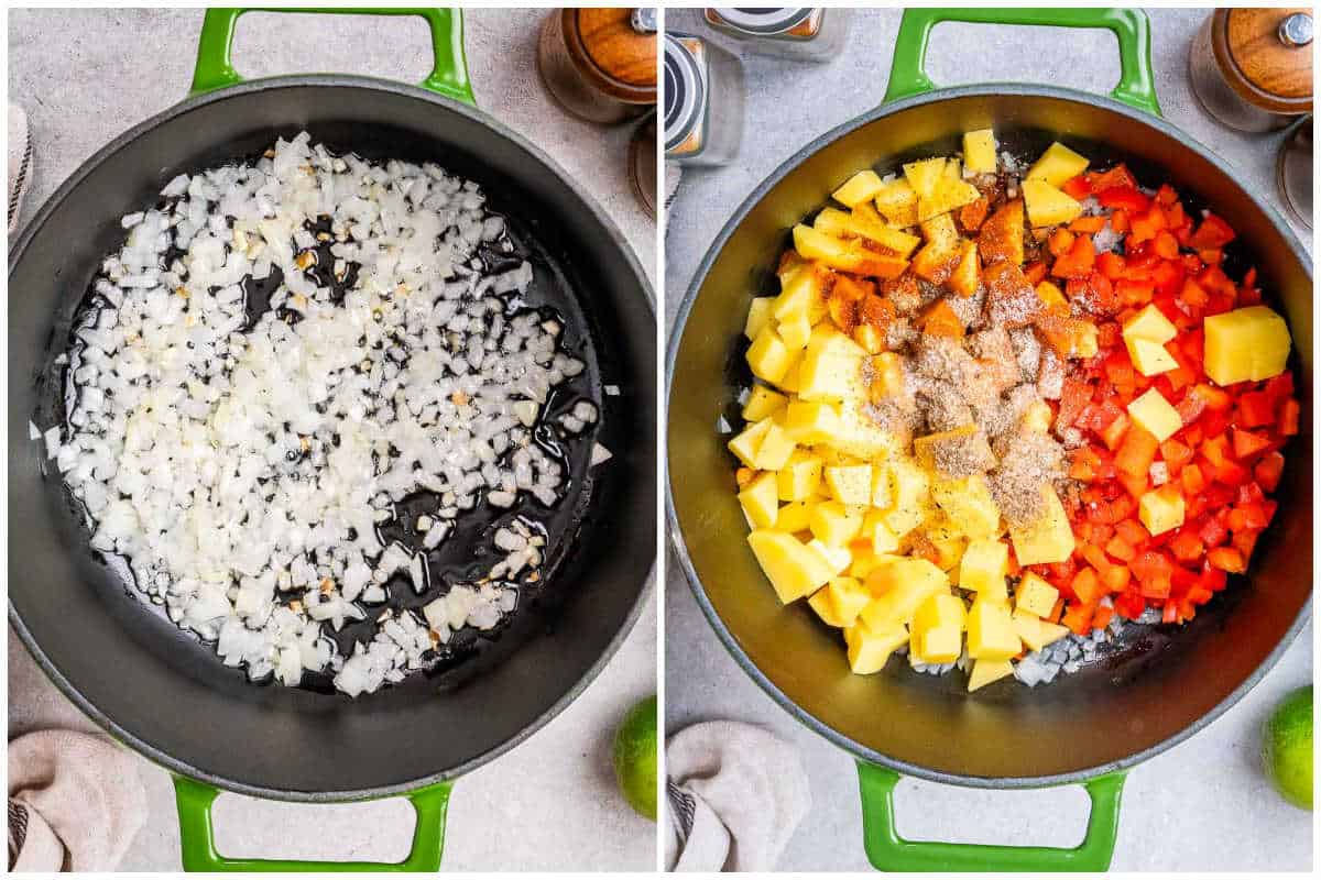process shot to cook the veggies for the soup in a green pot.