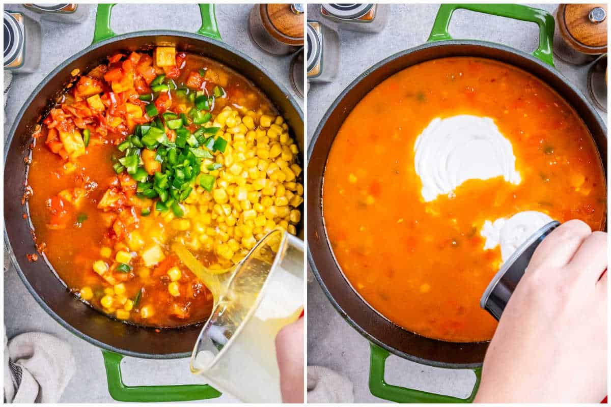 process shot of adding the corn into the pot, then adding the broth, and then pouring in the coconut cream.