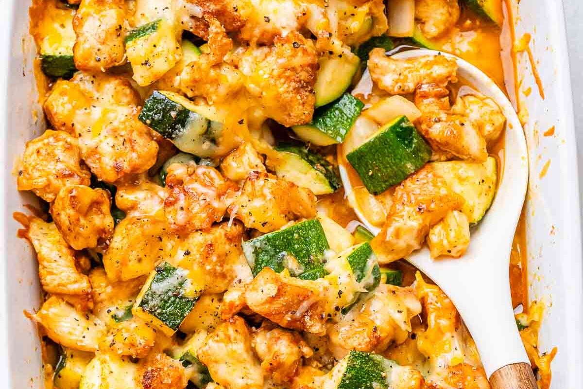 baked zucchini and chicken in a dish.