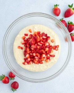 chopped strawberries added over the cake batter.