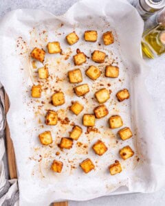 baked tofu bites on a sheetpan.