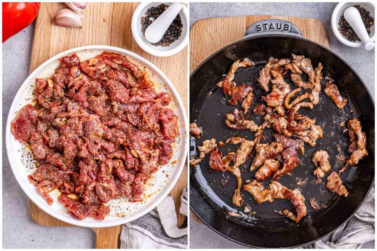 process shot to season beef and cooking it in a pan.