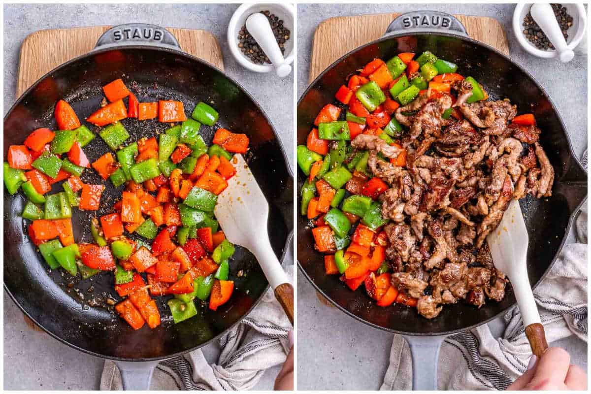process shot to sear the peppers and adding the beef back to the pan.