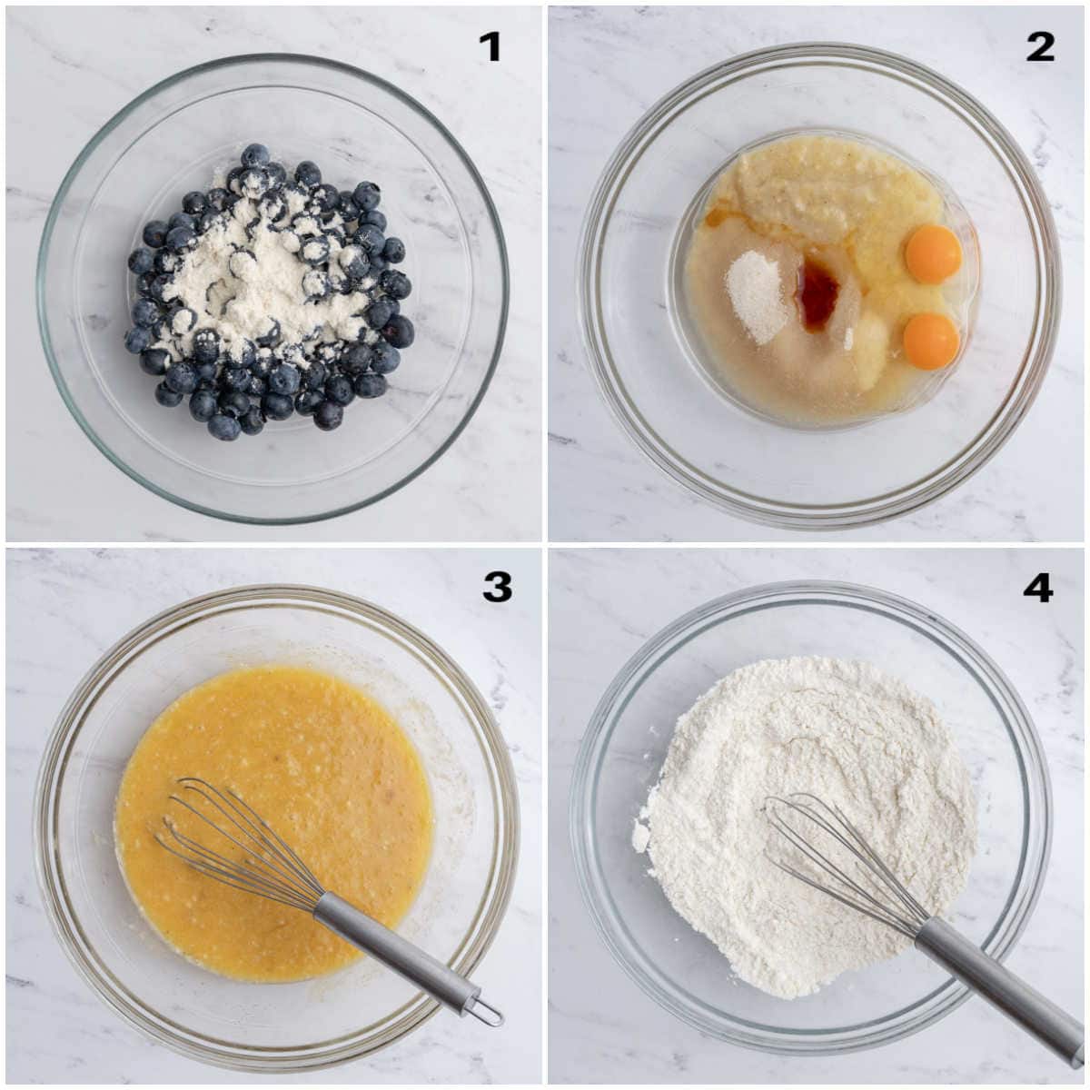 process shot showing making the wet ingredients in a bowl and then making the dry flour ingredients in another bowl.