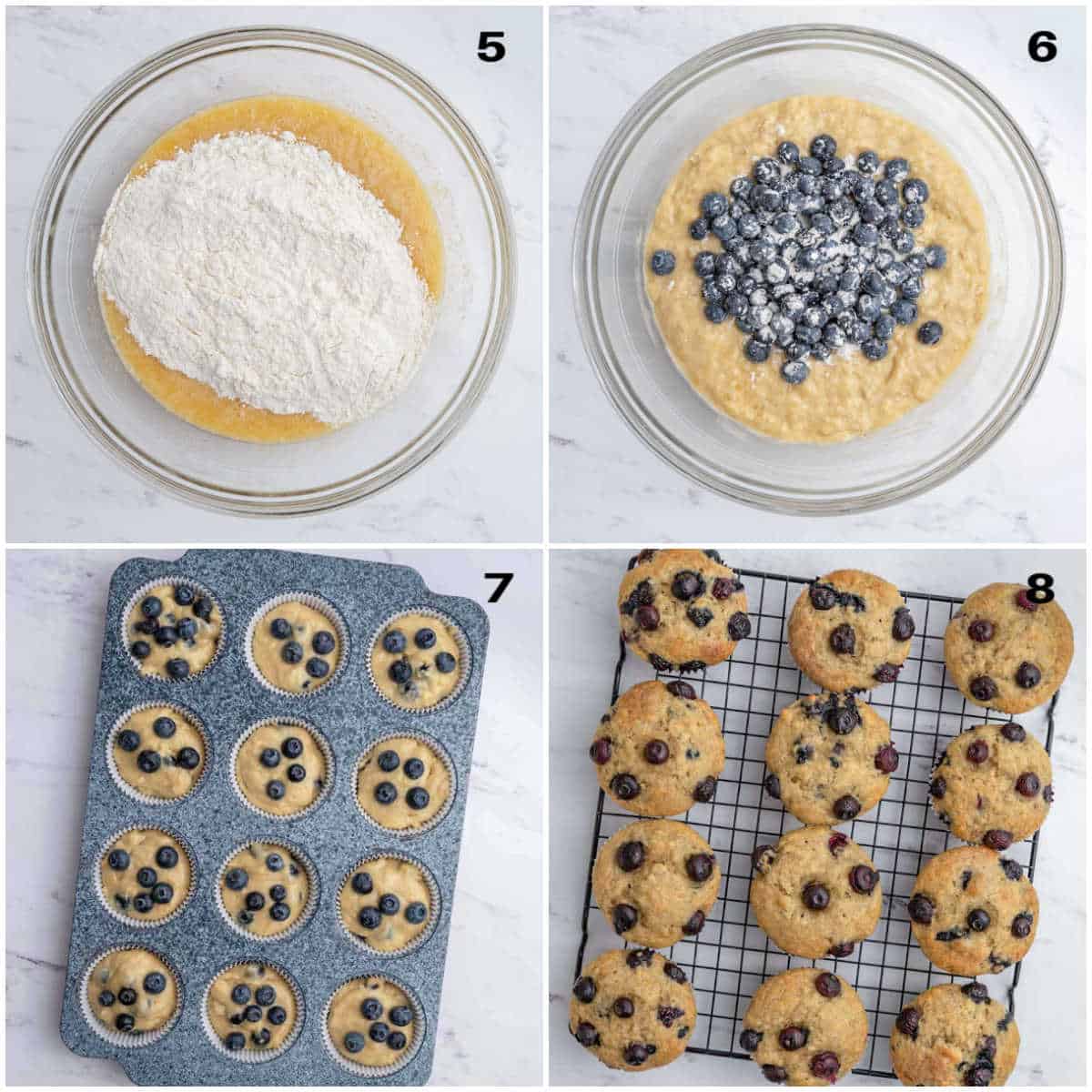 process shots of making the muffin batter, adding to the pan, baking and allowing it to cool.
