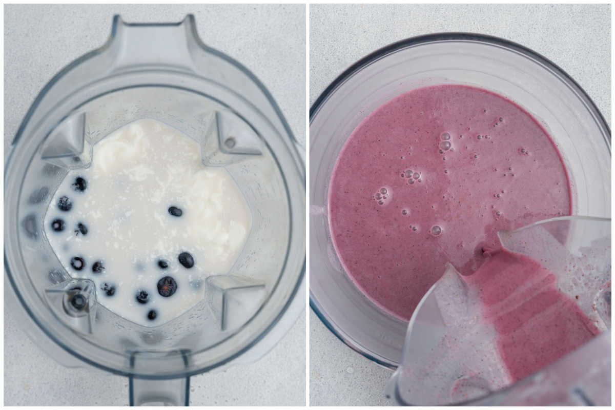 process shot of blending the blueberries, oats, yogurt, and honey in a blender.