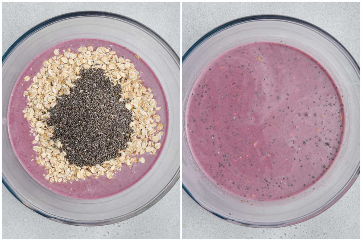 process shot of adding the oats and chia over the blended blueberry milk.