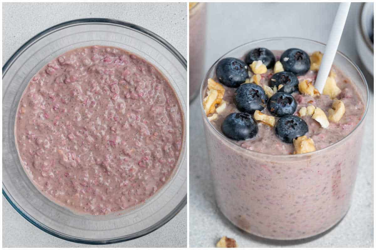 process shot of soaking the overnight oats and adding them in a jar.