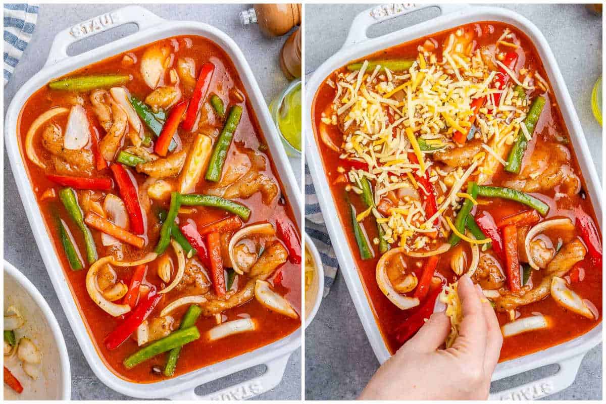 process shot tof assembling the chicken fajita casserole in the dish and topping with shredded cheese.