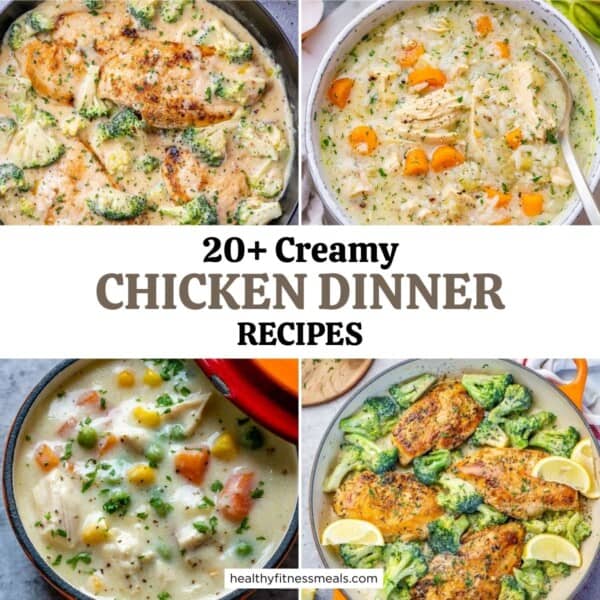 graphic for creamy chicken recipes with 4 images for chicken dishes.