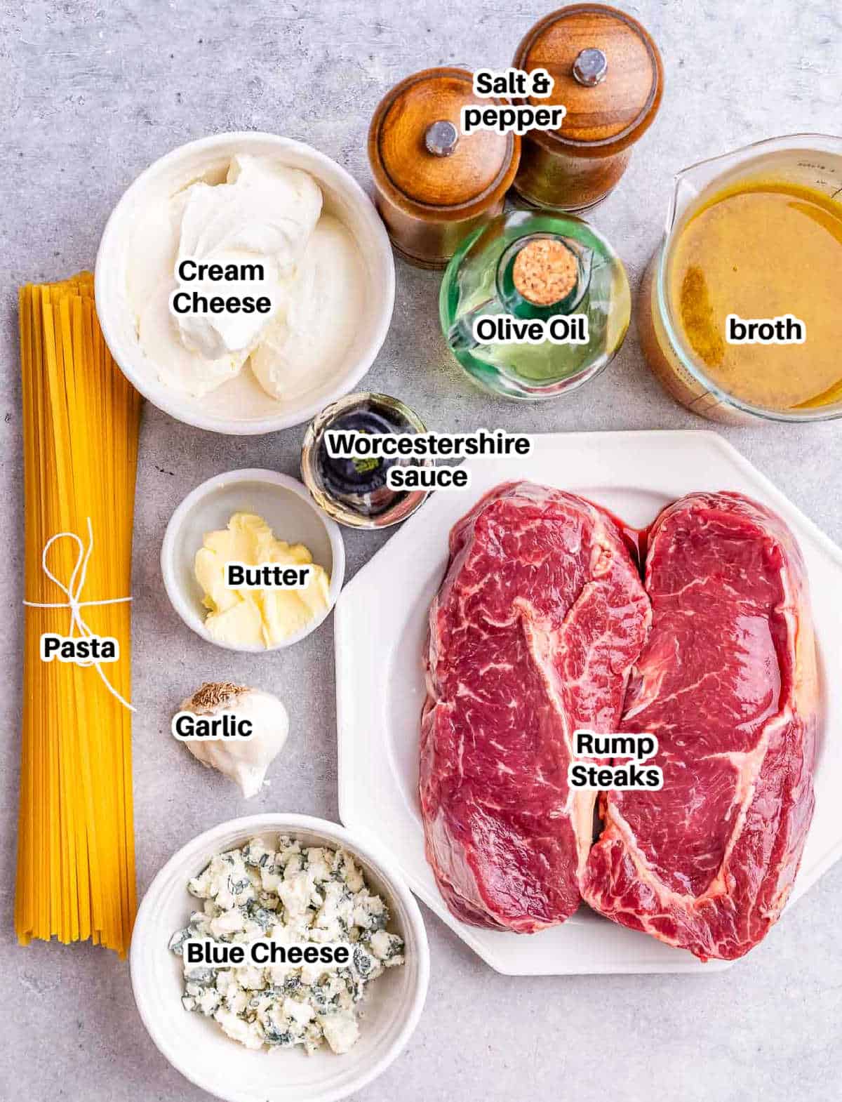 ingredients for creamy steak pasta.
