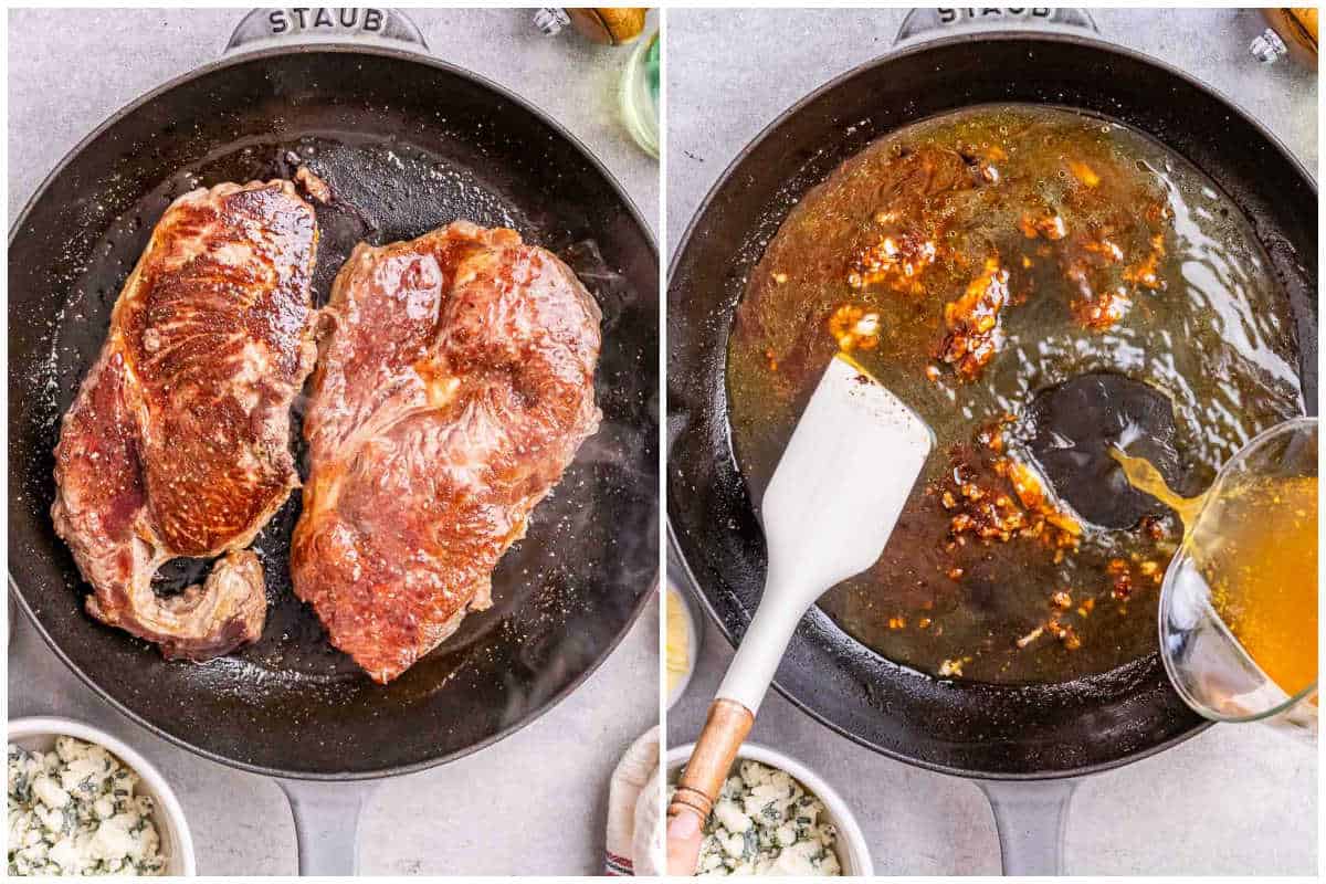 process shot of cooking the steak in a pan and deglazing.