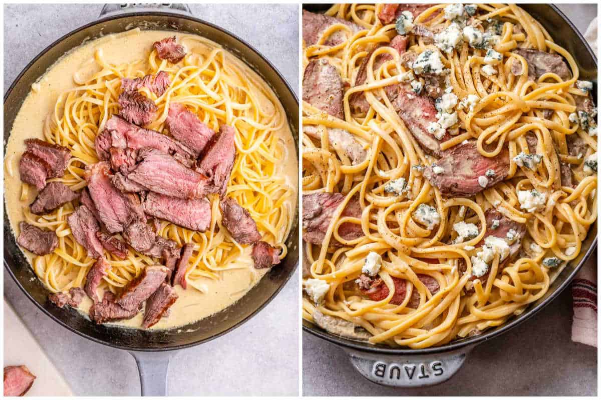 process shot of adding sliced steak over creamy pasta in a pan and garnishing with crumbled blue cheese.