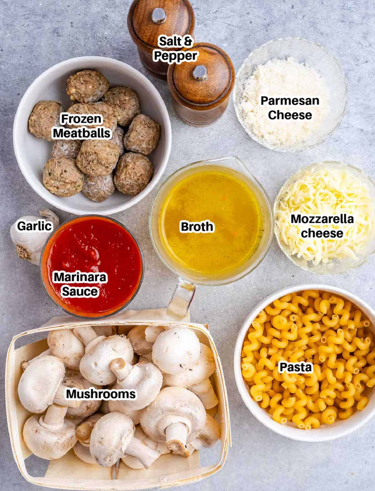 ingredients for dump-and-bake meatball pasta.