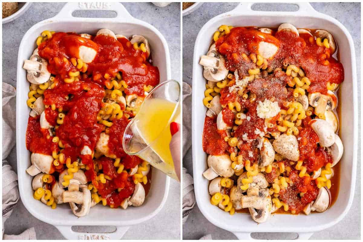 process shot to add the marinara over the pasta and the broth and veggies in a dish.