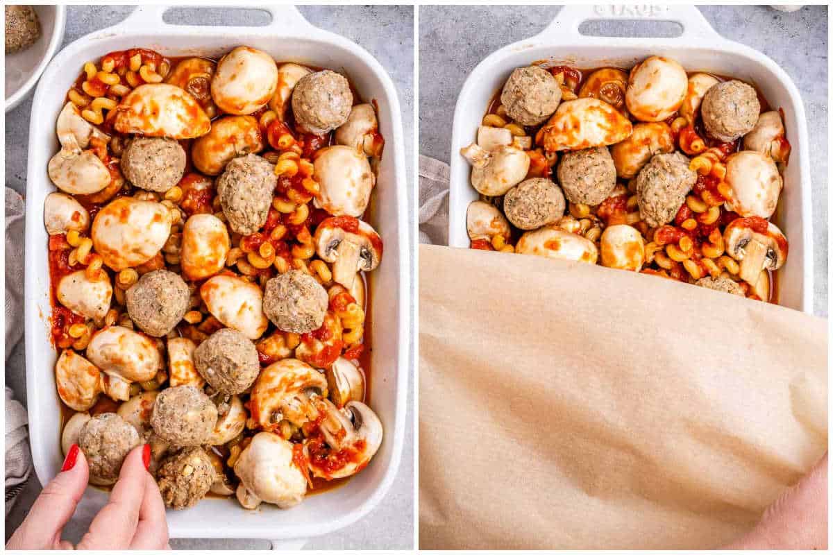 process shot for dump and bake pasta being added to the dish with meatballs before baking.
