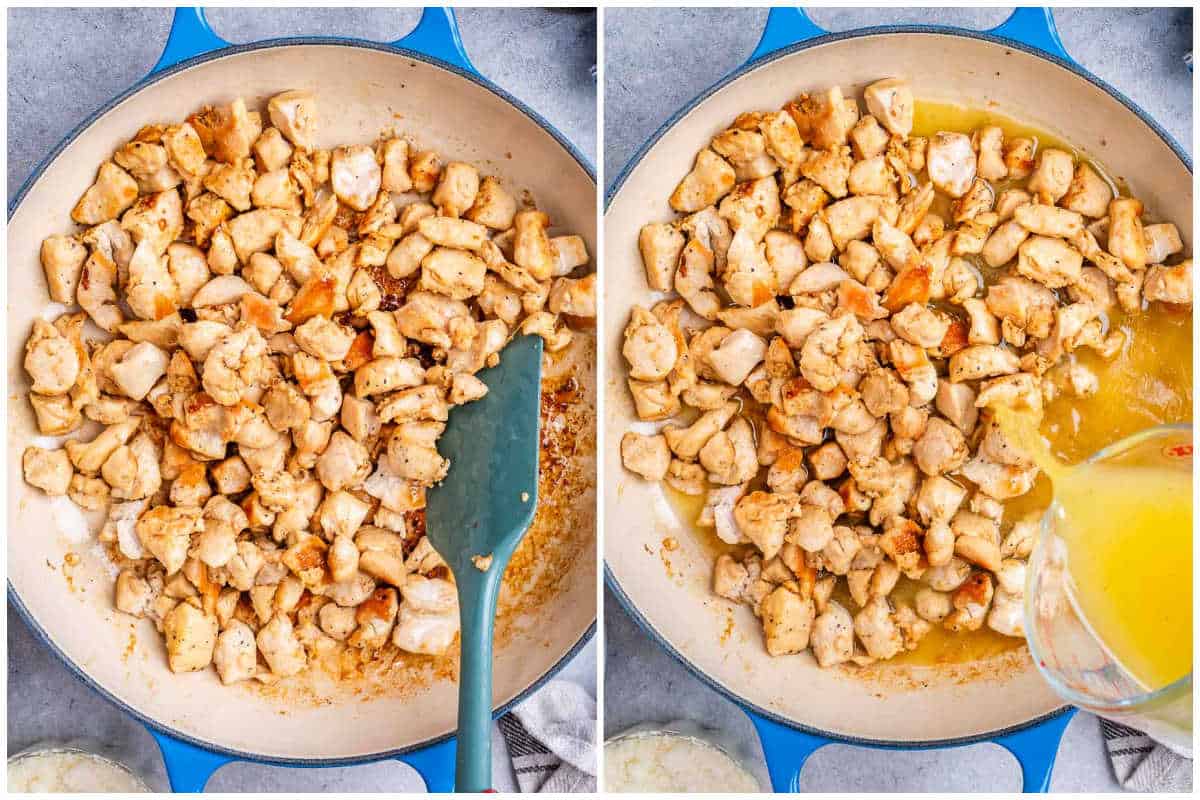 process shot to cook the chicken bites in a skillet and adding broth over the chicken.