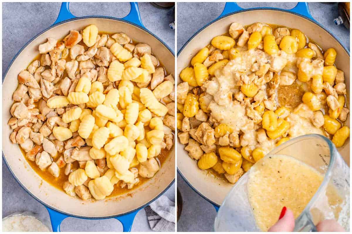 process shot of adding the gnocchi over the cooked chicken and then adding the egg and parmesan mixture.