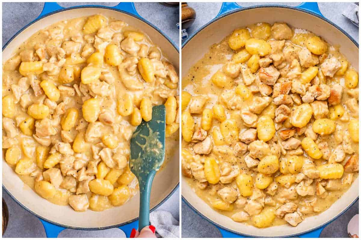 process shot of cooking the creamy gnocchi and chicken and serving.
