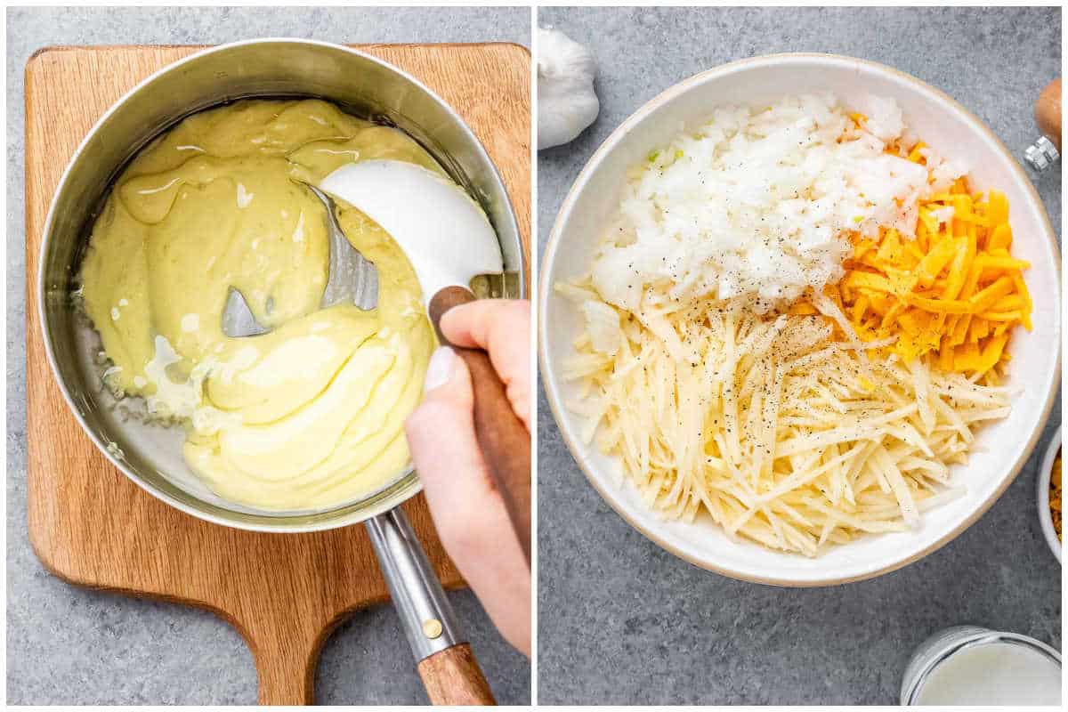 process shot to make the sauce and the cheese mix with hash browns for the casserole.