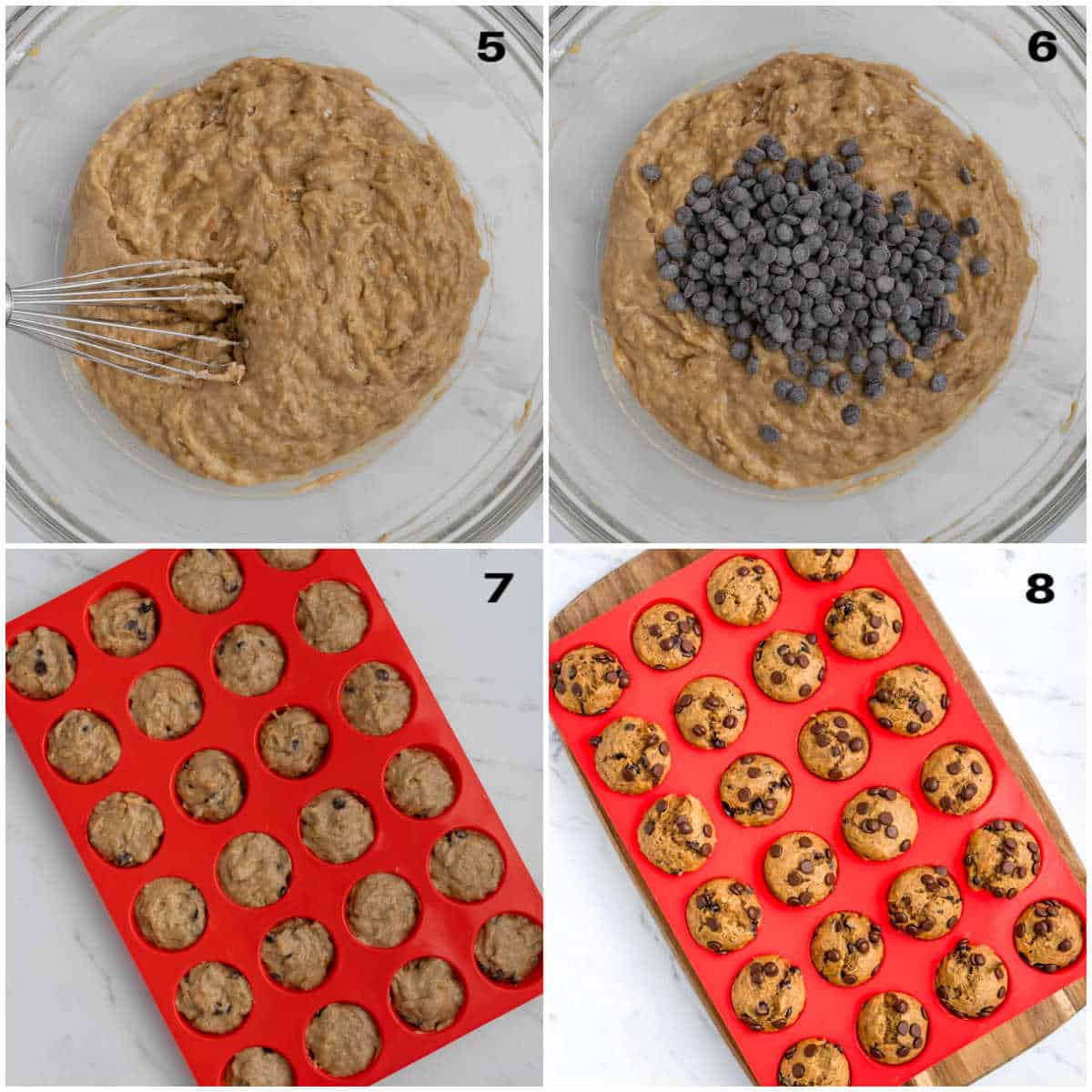 process shot of adding the batter for mini muffins to the muffin pan and baking. 