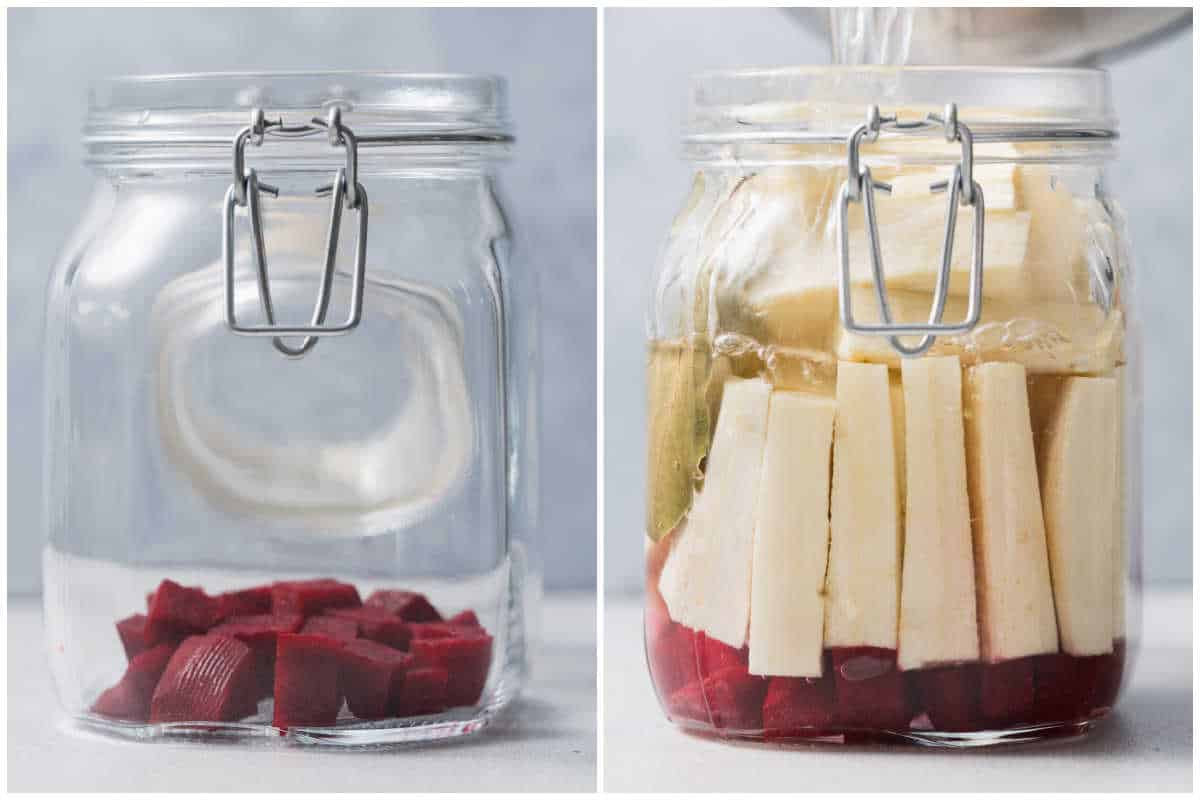process shot of adding beets to the jar and then the turnips. another image showing adding the brine to the jar with the turnips.