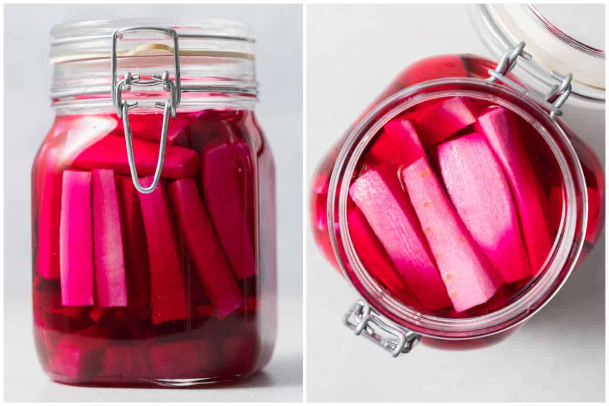 process shot to showing the brined and pickled turnips in the jar.