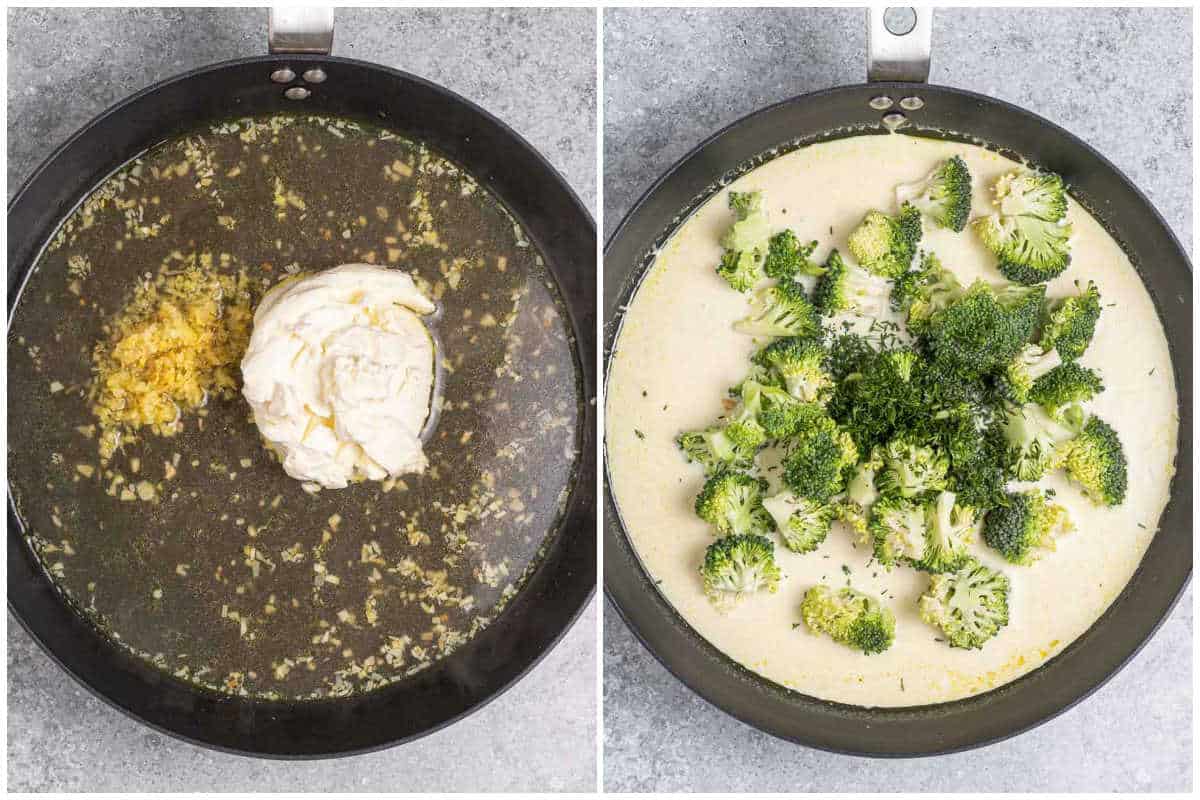 process shot to make the creamy sauce and adding broccoli to the skillet.