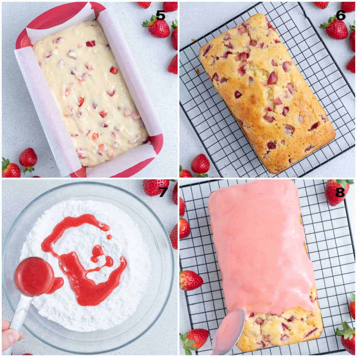 process shot to bake the pound cake and adding strawberry glaze.