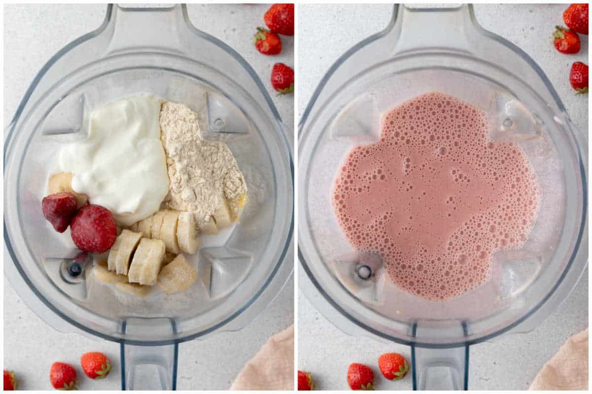 process shot for blending a strawberry protein shake in a blender.