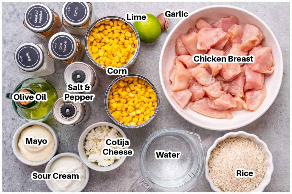 ingredients to make chicken rice bowl topped with street corn salad.